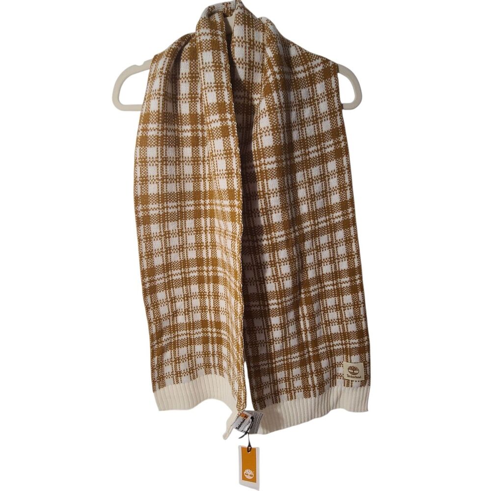 Timberland Retro Plaid Scarf Brown Ivory Ribbed Edge Comfy Warm Soft New Nwt $60